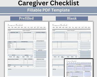 May include: A digital caregiver checklist template in US Letter size, available for instant download. The template includes prefilled and blank versions, with sections for meals, appointments, mood, and medication. The text "Caregiver Checklist" is at the top.