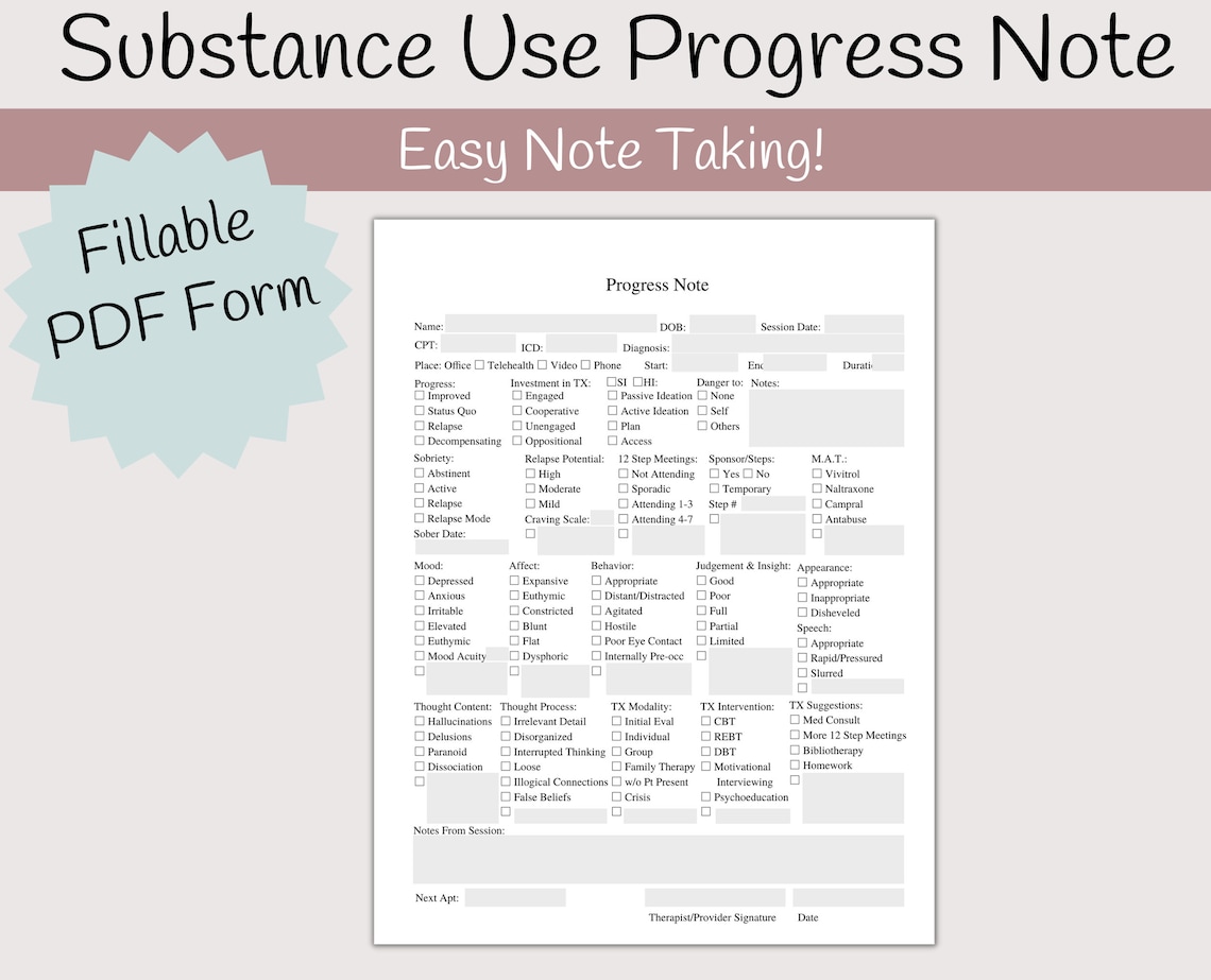 Substance Use Progress Note for Therapists Client Progress - Etsy