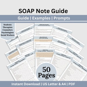 Esempi e prompt della guida alle note SOAP, 50 pagine di fogli di promemoria per le note SOAP, documentazione sulla salute mentale, foglio di promemoria clinico, psicoterapia