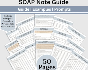 Exemples et invites du guide SOAP Note, 50 pages d'aide-mémoire pour note SOAP, documentation sur la santé mentale, aide-mémoire clinique, psychothérapie