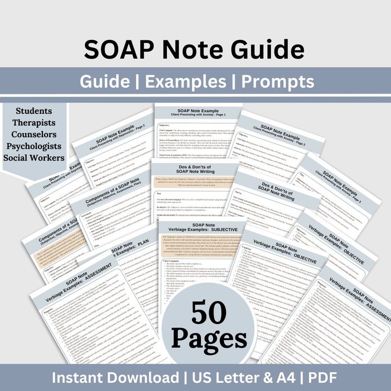 SOAP Note Guide tailored specifically for mental health therapists – your ultimate companion for efficient and organized documentation. Designed to streamline your therapy notes with user-friendly prompts and insightful examples