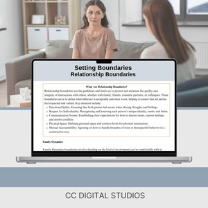 May include: A laptop screen displaying a presentation about setting boundaries in relationships. The text on the screen reads "Setting Boundaries, Relationship Boundaries" and includes a definition of relationship boundaries and key elements, such as emotional safety, respect for individuality, communication norms, physical space, and mutual accountability. The text also includes a section on family dynamics boundaries.