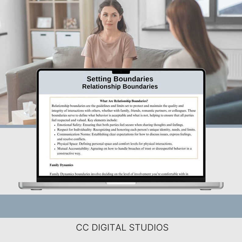 May include: A laptop screen displaying a presentation about setting boundaries in relationships. The text on the screen reads "Setting Boundaries, Relationship Boundaries" and includes a definition of relationship boundaries and key elements, such as emotional safety, respect for individuality, communication norms, physical space, and mutual accountability. The text also includes a section on family dynamics boundaries.