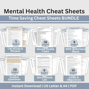 May include: A set of 10 printable mental health cheat sheets for therapists and counselors. The cheat sheets cover topics such as case management, mental health codes, mental status exam reference, session questions, therapy interventions, and therapy goals and objectives. The cheat sheets are available for instant download in US Letter and A4 sizes.