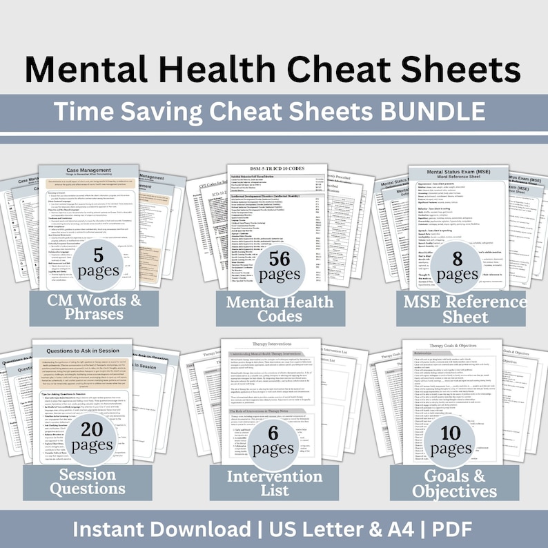 SAVE 20% with our mental health therapy cheat sheets bundle!  Shops best seller therapy tools to help you feel prepared for your sessions.  Have the tools in place to make your documentation easier!