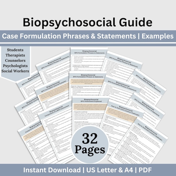 Mental Health Biopsychosocial Guide, Case Formulation Phrases, Psychology Reference Sheet, Therapy Tool for Therapist Office, Cheat Sheet