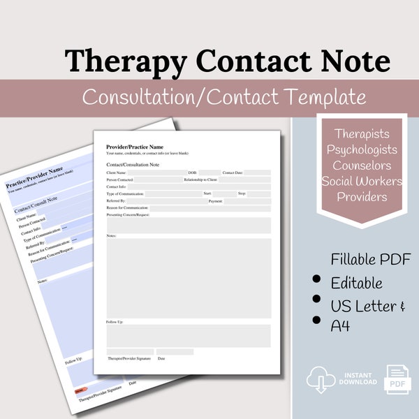 Therapiecontactnotitie, invulbaar PDF-consultformulier, therapienotitiesjabloon, cliëntintakeformulier, verwijzingstracker, documentatiesjabloon