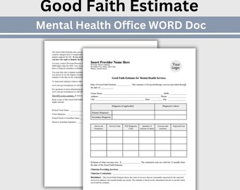 Good Faith Estimate, WORD Doc Psychology Private Practice Template, Mental Health Therapist Office Forms, Counseling Intake, Therapy Forms