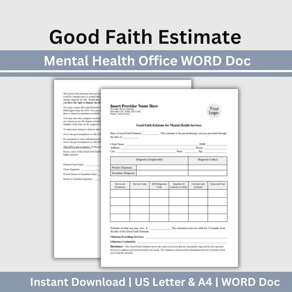 Good Faith Estimate, WORD Doc Psychology Private Practice Template, Mental Health Therapist Office Forms, Counseling Intake, Therapy Forms