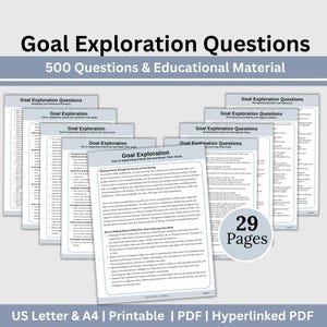 Puede incluir: Un conjunto de ocho páginas PDF imprimibles con preguntas de exploración de objetivos. Las páginas se titulan "Goal Exploration Questions" y presentan una variedad de preguntas para ayudar a las personas a establecer y alcanzar sus objetivos. Las páginas están diseñadas para ser utilizadas en un entorno de coaching o asesoramiento. El texto de las páginas está en blanco y negro, y las páginas están decoradas con un diseño simple y moderno. Las páginas también están hipervinculadas, lo que facilita la navegación entre ellas. El texto de las páginas incluye la frase "29 Páginas".