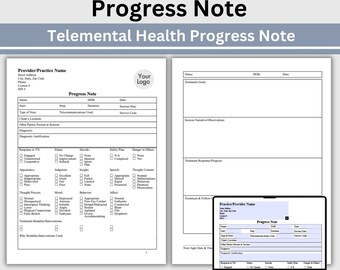 Könnte beinhalten: Eine schwarz-weiße druckbare Fortschrittsnotizvorlage für die Telemental Health. Die Vorlage enthält Abschnitte für Anbieterinformationen, Klienteninformationen, Sitzungsdetails, Behandlungsziele, Sitzungsbericht, Behandlungsantwort und Behandlungs- und Nachsorge. Die Vorlage ist für die elektronische Ausfüllung konzipiert.