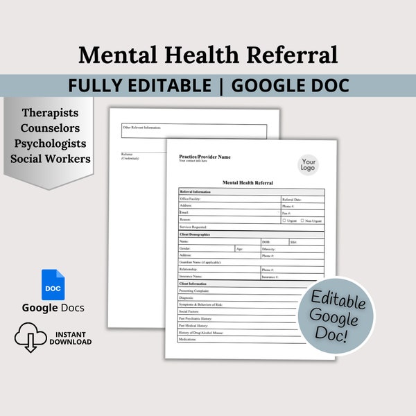 Editable Counseling Referral Template, Mental Health Referral Form, Private Practice Therapist Forms, Patient Referral Template