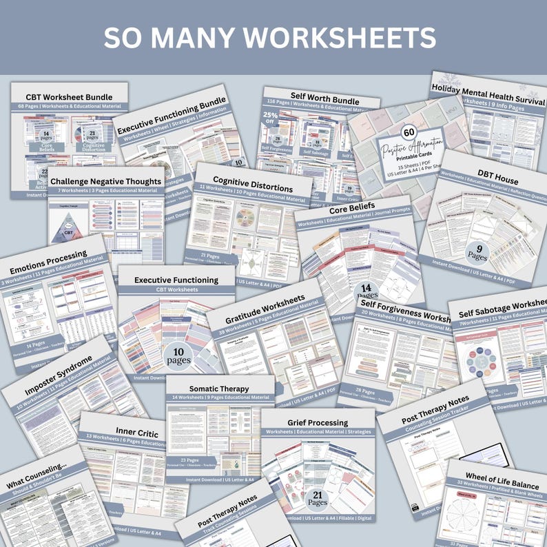 Guided anxiety reflection worksheet preview displaying prompts for identifying triggers thought records and coping strategy planning in printable PDF format