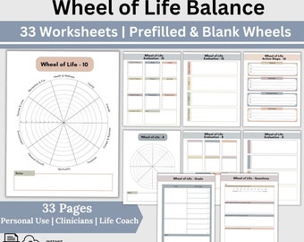 May include: A printable digital download of 33 worksheets for a wheel of life balance exercise. The worksheets include blank and prefilled wheels with different sections for evaluation, action steps, and goals. The text "Wheel of Life Balance" is at the top of the image.