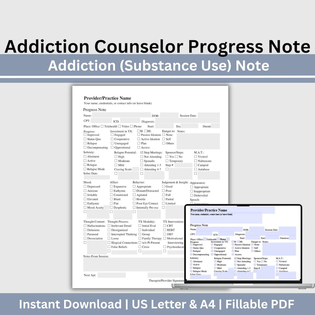 Addiction Counselor Progress Note, Client Progress Note Template ...