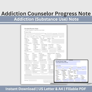 Addiction Counselor Progress Note Template: Fillable Therapy Tool (US Letter & A4) (Digital Download)