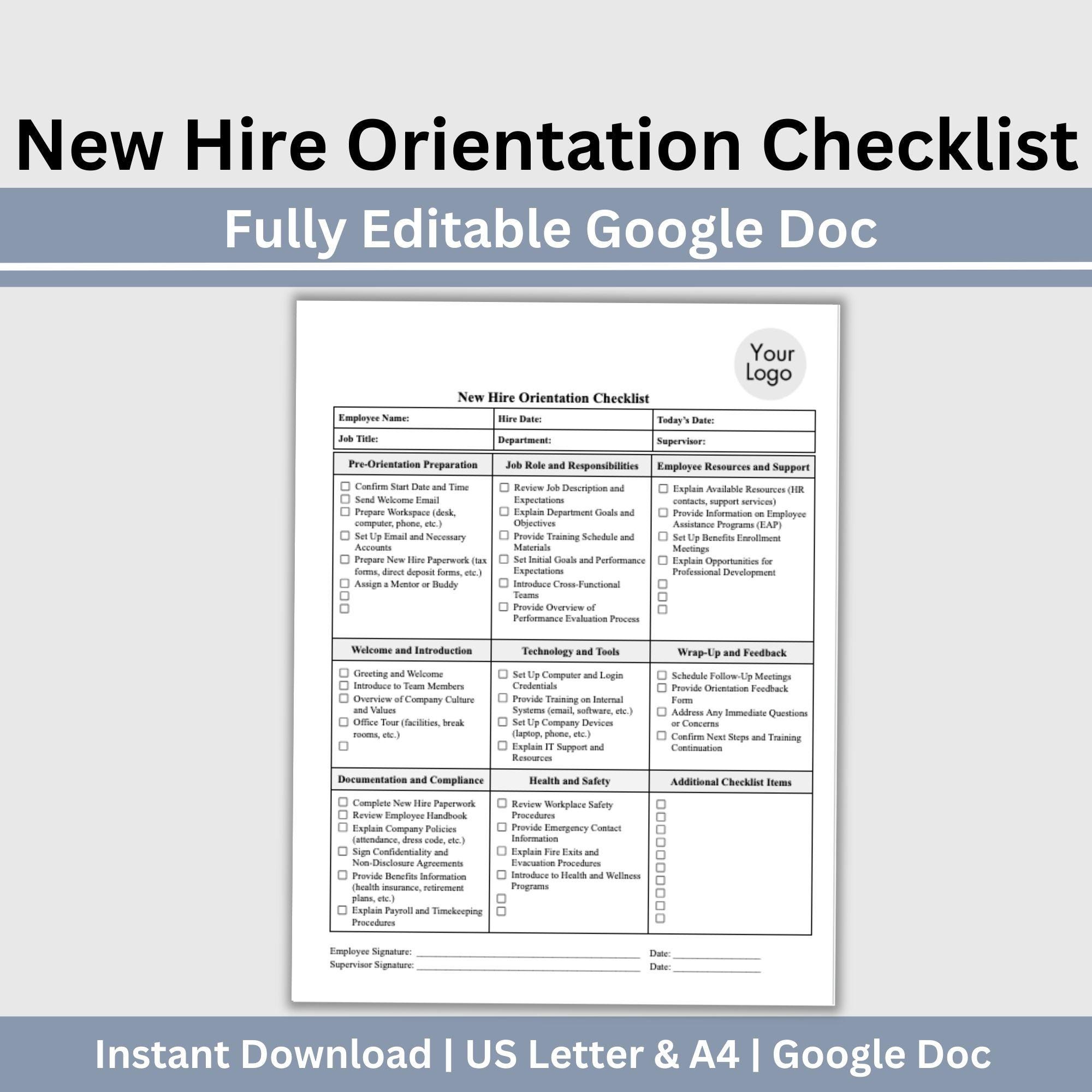 New Hire Orientation Checklist: Editable HR Template (google Doc) - Etsy