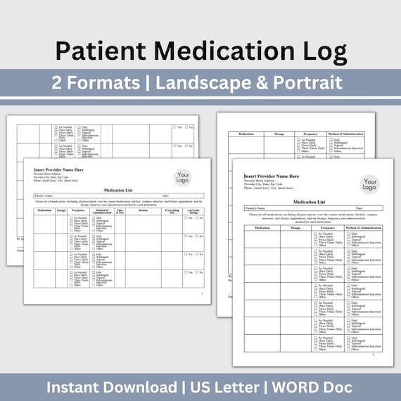 Patient Medication Log Template: Editable Medical Intake Form (WORD Document, US Letter Size)