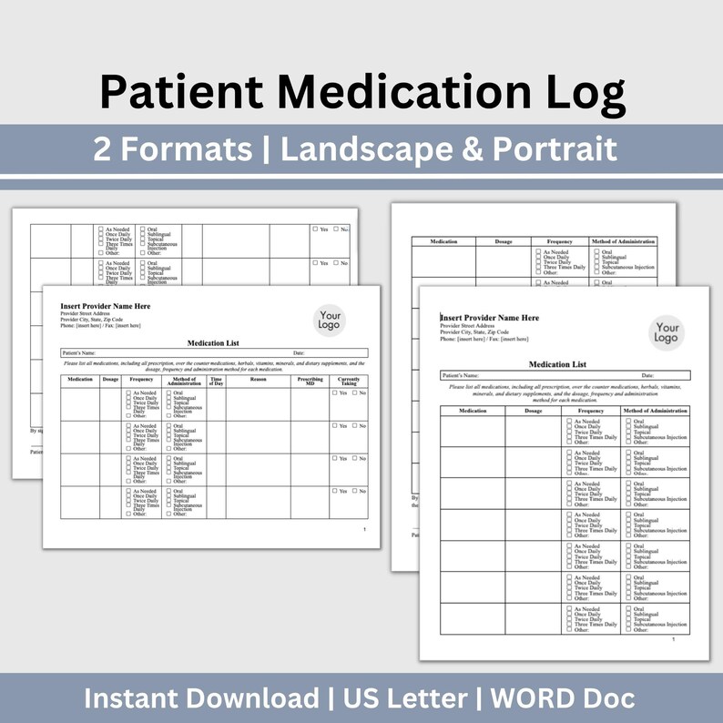 Patient Medication Log template shown on laptop and clipboard, editable Google Doc with matching PDF in US Letter and A4, track medication name, dose, time, route, prescriber, start and stop dates for organized home and clinic use
