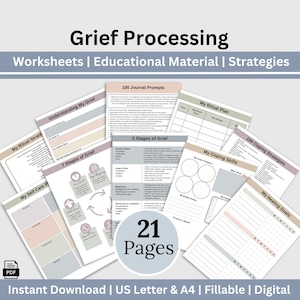Grief Journal & Therapy Worksheets: Coping Skills, Mood Tracker (Fillable PDF)