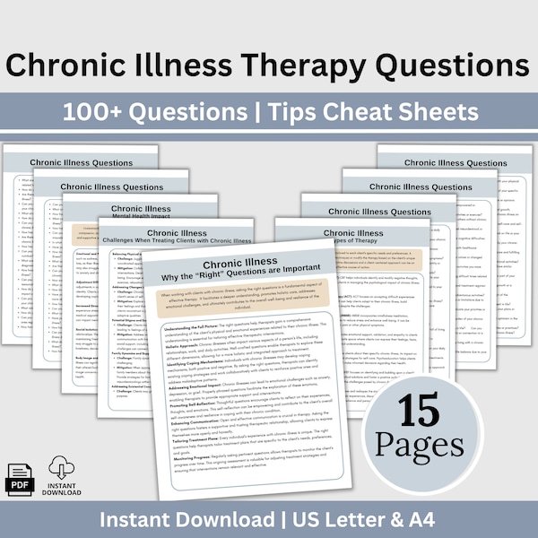 Therapy Questions for Chronic Illness, Therapist Cheat Sheet, Reference Sheet Therapist Office, Conversation Starter, Counseling Office