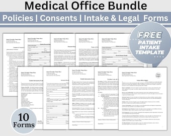 Puede incluir: Un paquete de documentos para consultorios médicos con 10 formularios, que incluyen políticas, consentimientos, admisión y formularios legales. El texto "Medical Office Bundle" y "FREE PATIENT INTAKE TEMPLATE" es visible. Descarga instantánea.