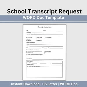 Könnte beinhalten: Eine weiße Vorlage für ein Schulzeugnis-Anfrageformular mit schwarzem Text und Linien für Schülerinformationen, Hochschuldetails, Bewerbungsfristen und Abschnitte für den offiziellen Gebrauch. Das Dokument enthält Kontrollkästchen für verschiedene Anfragetypen.