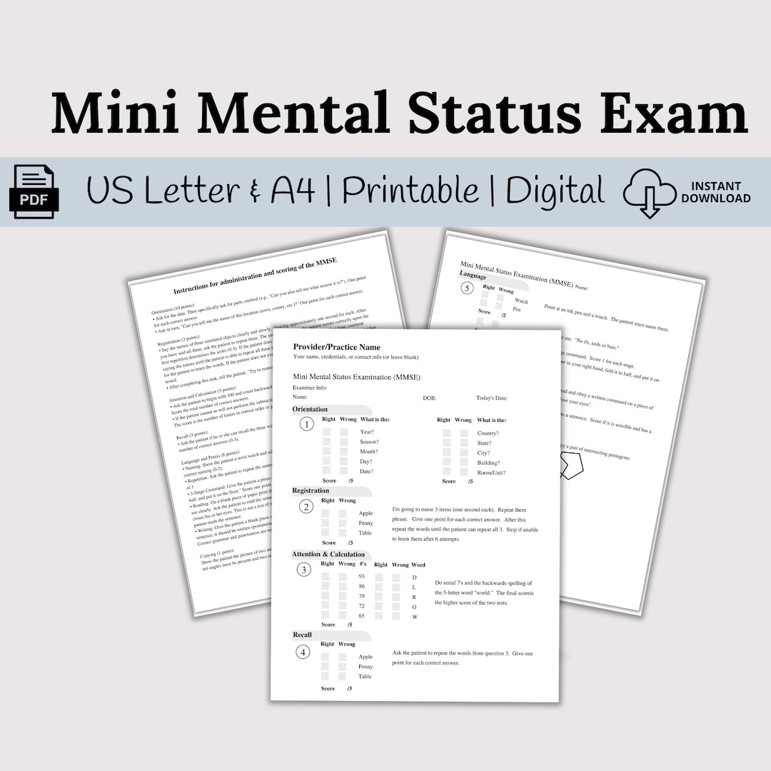 Mini Mental Status Exam MMSE for Providers Fillable Mental Etsy