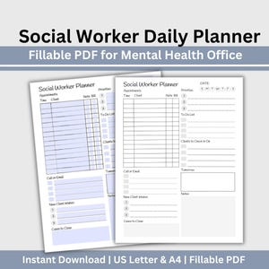 以下が含まれることがあります： 精神保健オフィス向けの、記入可能なPDF形式のソーシャルワーカー用デイリープランナーです。アポイントメント、ToDoリスト、確認すべきクライアント、メモ、新規クライアントの受付など、さまざまなセクションがあります。