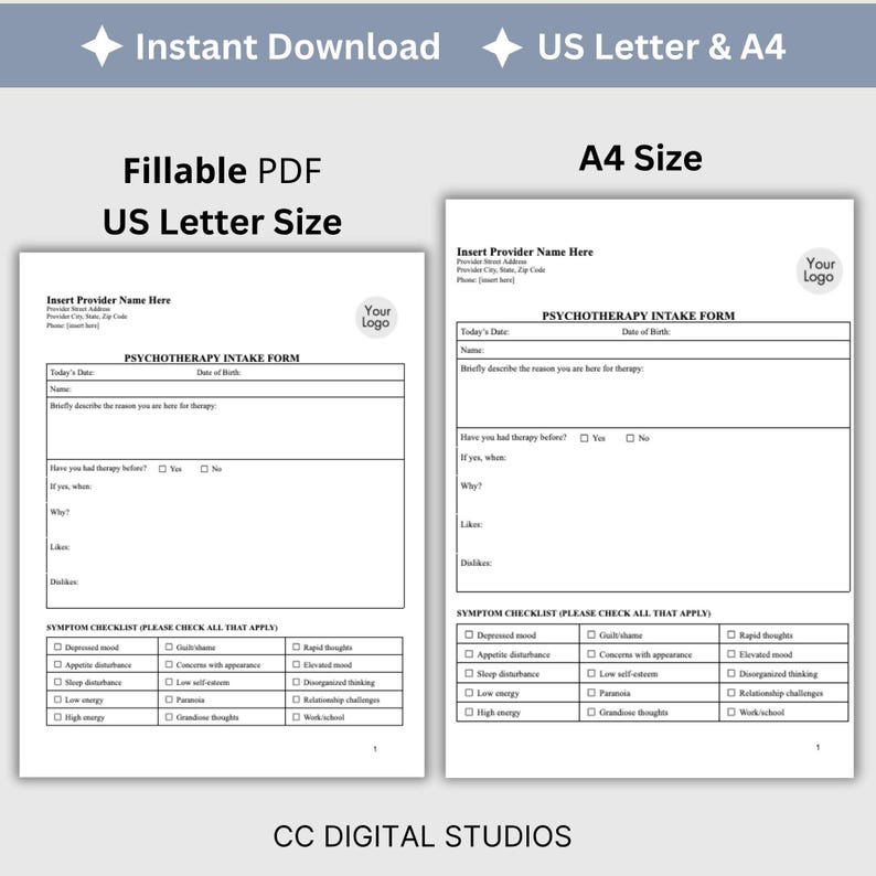 Psychotherapy Client Intake Form for Mental Health Professionals ...