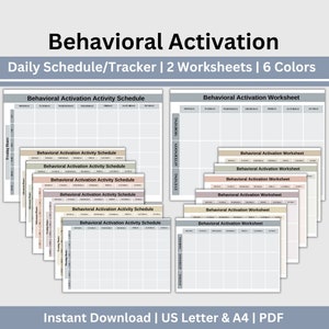 Pode incluir: Modelos de agenda de atividades de ativação comportamental e folha de trabalho imprimíveis. Os modelos estão disponíveis em seis cores diferentes e incluem uma agenda diária e uma folha de trabalho. O texto "Agenda de atividades de ativação comportamental" e "Folha de trabalho de ativação comportamental" é repetido em cada modelo.