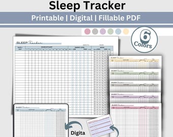 May include: A printable sleep tracker in landscape format. The tracker has columns for date, day, hours of sleep, energy level, and mood. Mood is tracked using a series of smiley faces. The tracker is available in six different colours.