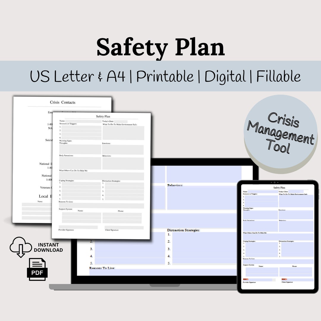 Safety Plan Template, Fillable & Printable Therapist Tools, Crisis Plan ...