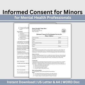 Consenso informato per minori, terapia per adolescenti, moduli per l'ufficio di terapia, moduli per l'ammissione degli adolescenti, terapia per adolescenti, terapia infantile, documento WORD