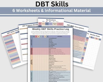 May include: A set of six printable worksheets and informational material for practicing DBT skills. The worksheets are color-coded and include a weekly DBT skills practice log, a DBT progress monitor, and a section for tracking emotions. The text on the worksheets includes the title "DBT Skills" and "Weekly DBT Skills Practice Log".