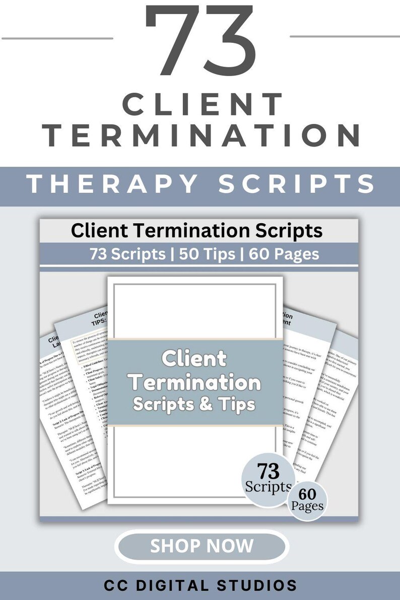 Therapy Scripts for Client Termination, 73 Therapy Cheat Sheets, Therapist Planner for Private Practice, Therapy Tools, Psychology Resource. includes 73 therapy scripts, 50 tips, and spans 60 pages