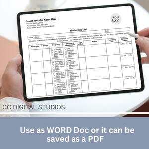 Tablet view of the editable Google Doc version with space to add patient name, allergies, pharmacy, prescriber contact, and insurance ID so families and caregivers can keep all medication details in one organized sheet