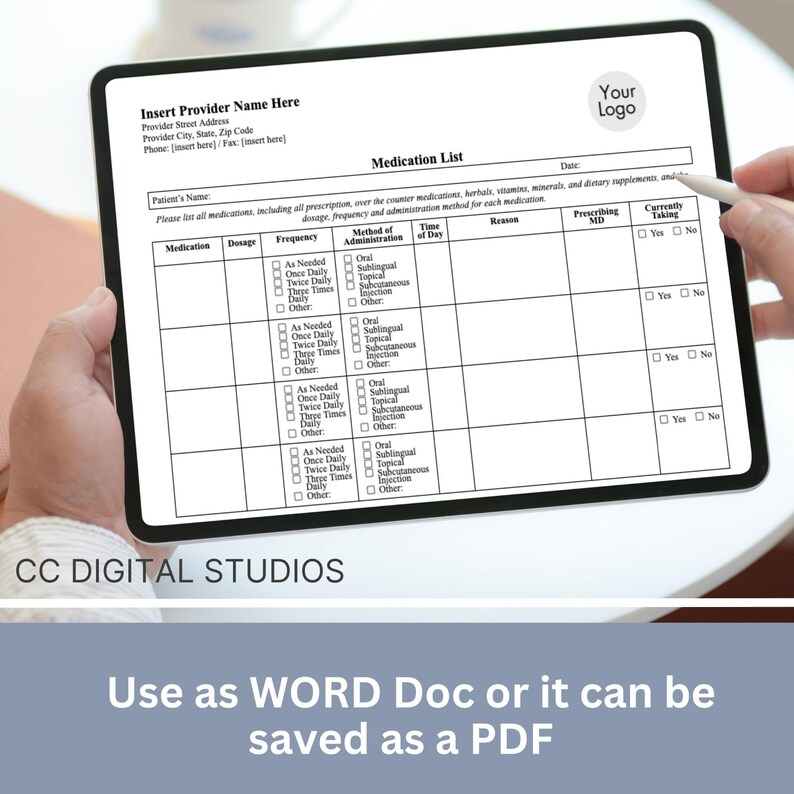 Tablet view of the editable Google Doc version with space to add patient name, allergies, pharmacy, prescriber contact, and insurance ID so families and caregivers can keep all medication details in one organized sheet