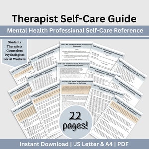 Puede incluir: Una guía para profesionales de la salud mental sobre el autocuidado, con un título que dice "Guía de autocuidado para terapeutas: Referencia de autocuidado para profesionales de la salud mental". La guía incluye 22 páginas de información sobre temas como preguntas de autorreflexión, mecanismos de afrontamiento y el reconocimiento del agotamiento.