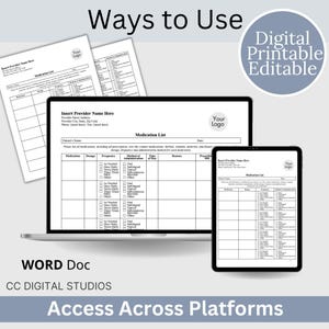 Side by side digital and printed pages emphasizing instant download, editable Google Doc for typing on computer or tablet, and a print ready PDF for binders, hospital go bags, and school nurse files