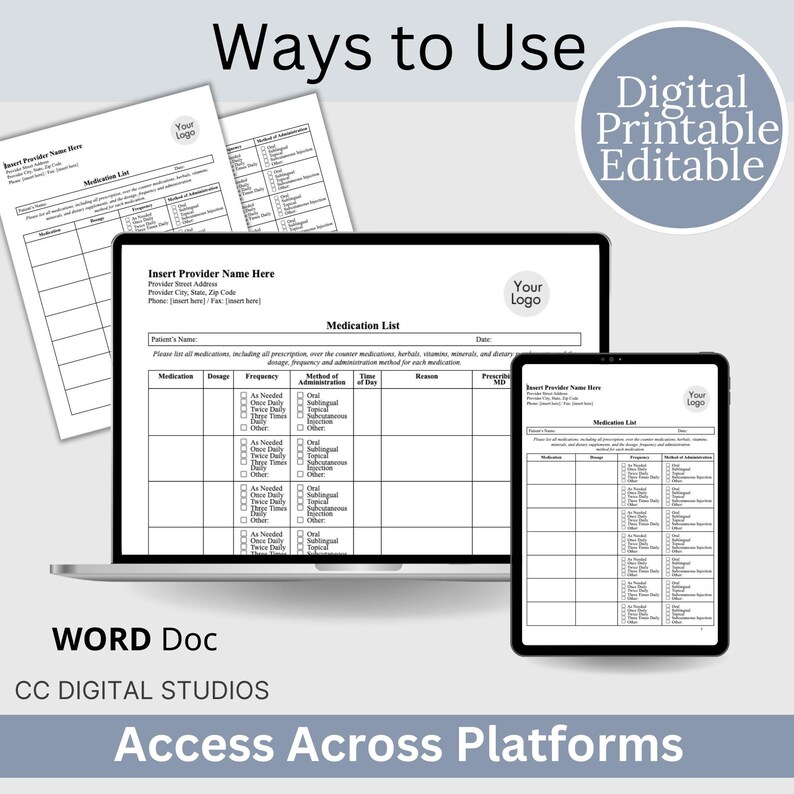 Side by side digital and printed pages emphasizing instant download, editable Google Doc for typing on computer or tablet, and a print ready PDF for binders, hospital go bags, and school nurse files