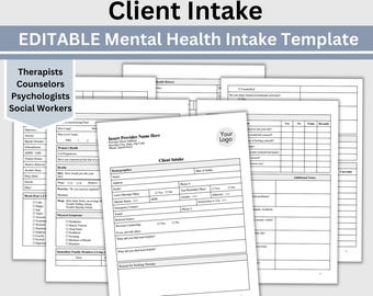 Könnte beinhalten: Ein schwarz-weißes, druckbares Formular zur Aufnahme von Klienten für Fachkräfte im Bereich der psychischen Gesundheit. Das Formular enthält Abschnitte für Demografie, Krankengeschichte, psychische Gesundheit, körperliche Symptome und zusätzliche Notizen. Das Formular ist editierbar und kann in den Formaten US Letter und A4 heruntergeladen werden.