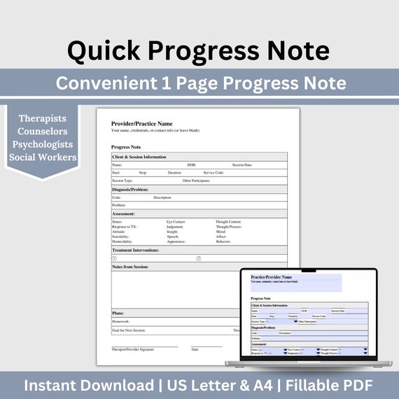 Counseling Progress Note Template: Therapy Session Documentation (Fillable PDF)