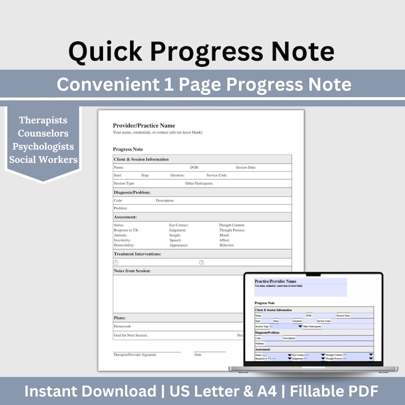 Convenient 1 page progress note template designed specially for Mental Health Counselors and Therapists. User-friendly template, crafted to streamline your therapy session notes and psychotherapy documentation.