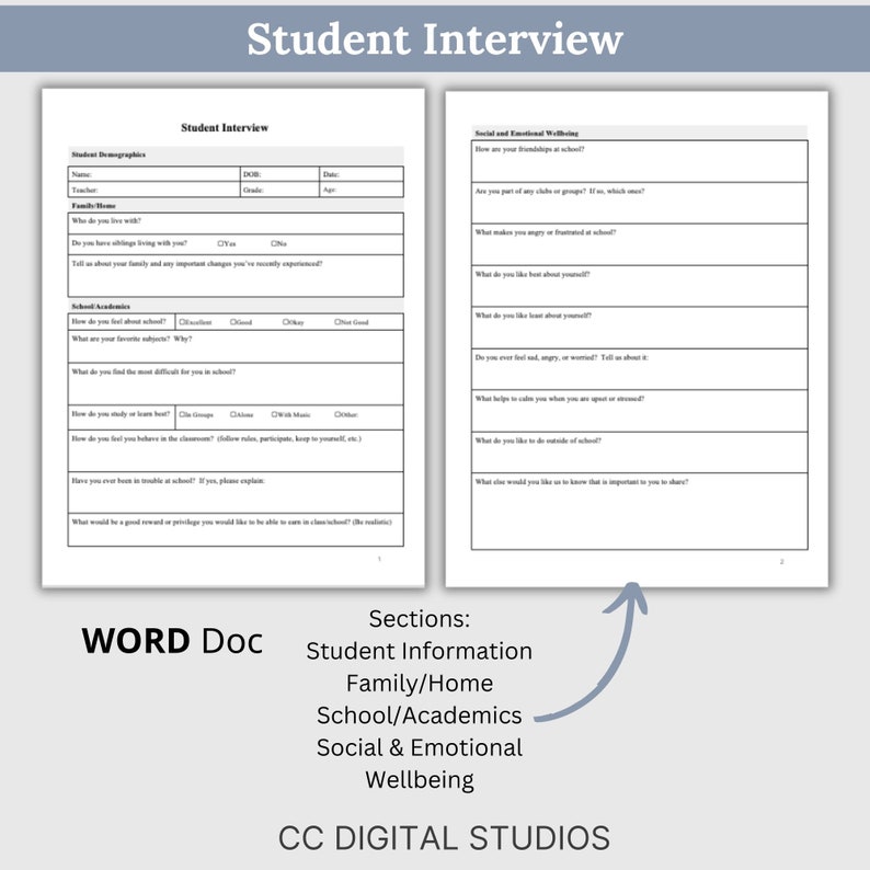 Comprehensive school counselor toolkit in digital Word format, featuring student intake forms, progress notes templates, assessment questions and interview sheet to support student case management.