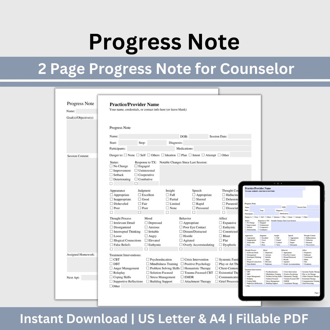 Therapy Progress Notes Template: Counseling & Psychotherapy (fillable ...