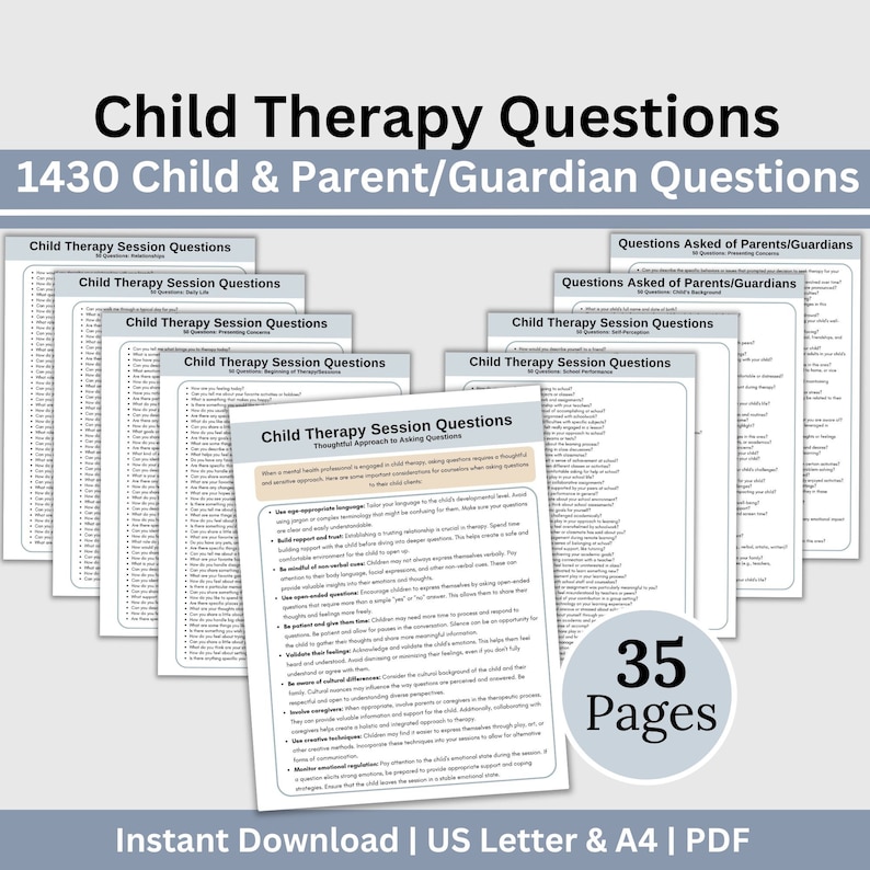 1,430 Child Therapy Questions.  Therapy cheat sheets – resource for your counseling office, school psychology, or social work practice.  Child therapy tools
