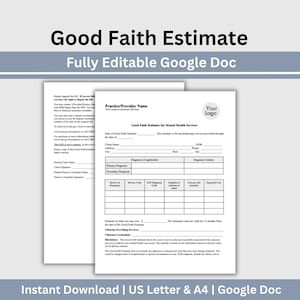 Good Faith Estimate, Google Doc Psychology Private Practice Template, Mental Health Therapist Office Forms, Counseling Intake, Therapy Forms