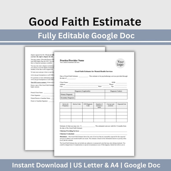 Good Faith Estimate, Google Doc Psychology Private Practice Template, Mental Health Therapist Office Forms, Counseling Intake, Therapy Forms