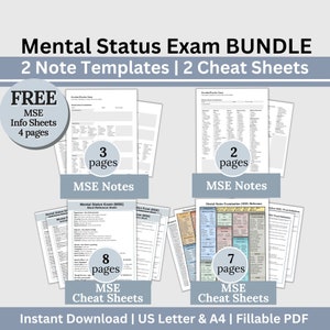 May include: A digital download bundle of printable mental status exam (MSE) notes and cheat sheets. The bundle includes two note templates, two cheat sheets, and four pages of MSE information sheets. The notes and cheat sheets are designed to help students and professionals learn and remember the key components of a mental status exam.